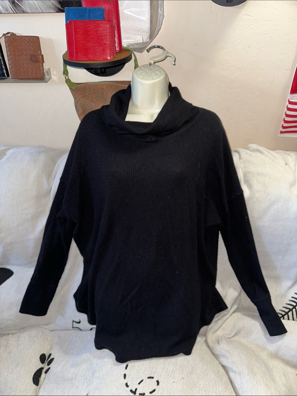 Time and Tru XL waffle knit/ thermal Black Cowl Neck top